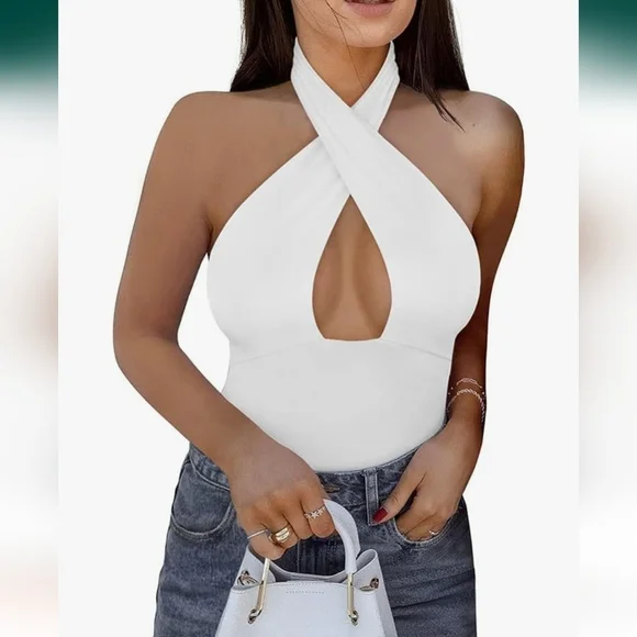 REORIA white‎ Cross Halter Bodysuit Top Size M Women Casual Snap Button  Sz M - Picture 3 of 7